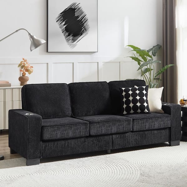 Thodore Modern 83.86 in. Square Arms Upholstered Corduroy Rectangle 3-Seater Sofa in Black with Cup Holder