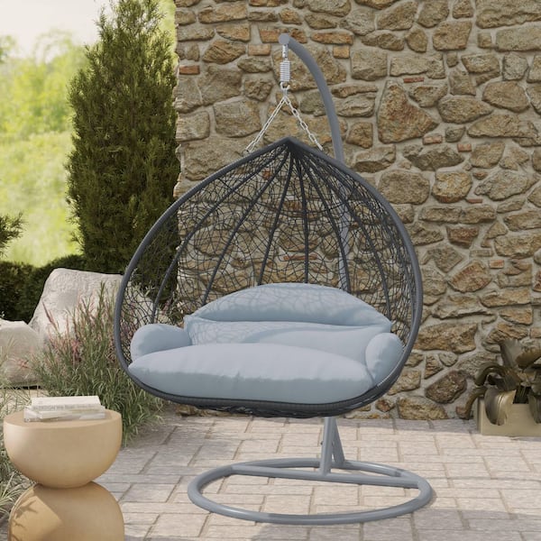 2-Person Egg Swing Chair in Grey Stainless Steel Porch Swing with Stand for Outdoor and Indoor in Light Grey