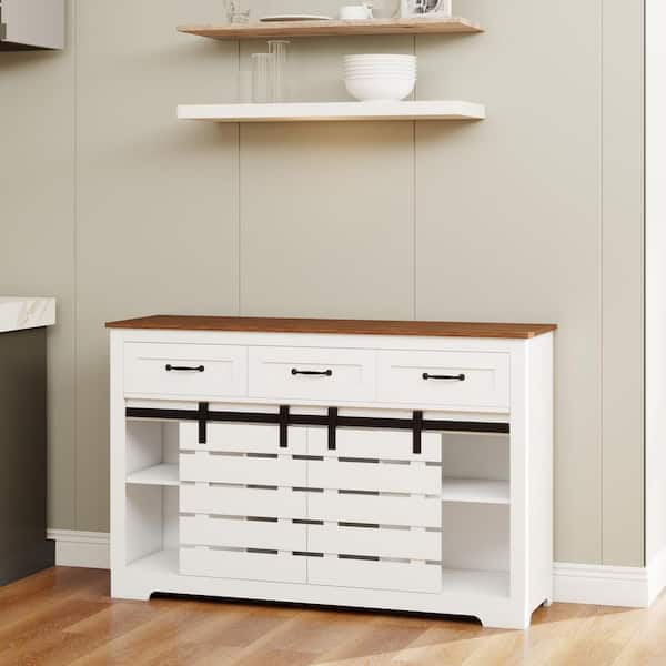Tileon 53 in. Farmhouse Sideboard Buffet Storage Cabinet with 3 Drawers, 2 Sliding Barn Doors, 2 Adjustable Shelves in White