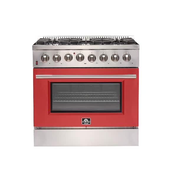 Galiano 36 in. Dual Fuel Range Stainless Steel with Red Door, 6-Burners, 5.36 cu.ft. True Convection Oven
