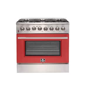 Galiano 36 in. 5.36 cu. ft. Freestanding Gas Range with 6 Burners and Electric Oven in. Stainless Steel with Red Door