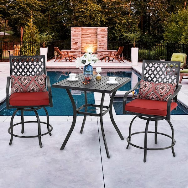 Patio 3-Pieces Swivel Bistro Bar Set Outdoor Bar Stools Set of 2 with Cushion and Steel Square Umbrella Table 