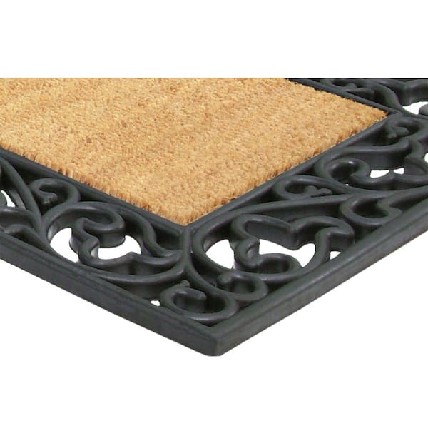 Heavy Duty Brown 22 in. x 36 in. Rubber Coir Acanthus Monogrammed M Indoor Outdoor Door Mat