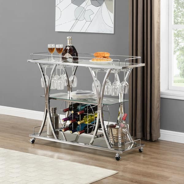 Tileon Chrome Bar Cart with Wine Rack Silver Modern Glass Metal Frame Wine Storage with 11 Bottles and 16 Wine Glass Rack