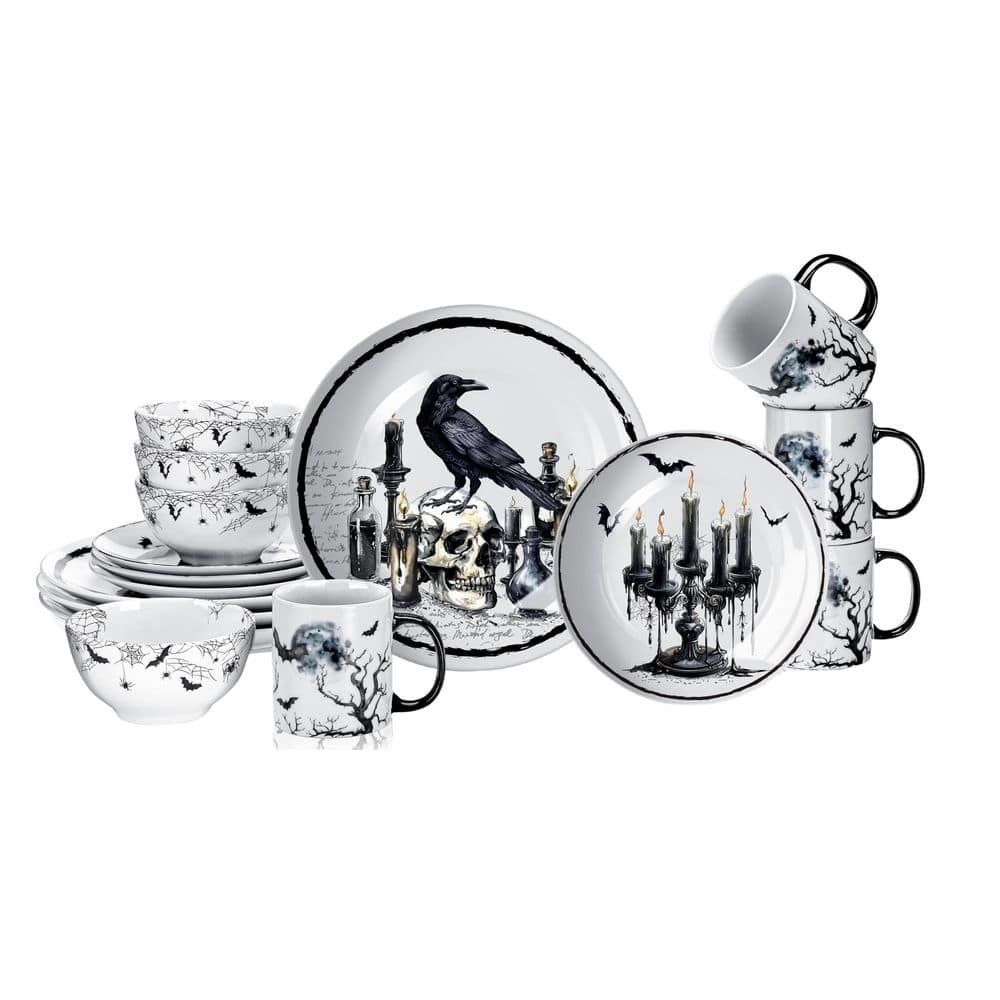 16 Piece Halloween Gothic Ceramic Dinnerware Sets, Spooky Holly Ivy Dessert Plate Bowl Mug for Holiday (Service for 4) price history on PriceWatchPro
