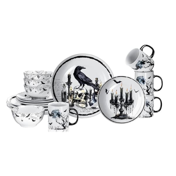 16 Piece Halloween Gothic Ceramic Dinnerware Sets, Spooky Holly Ivy Dessert Plate Bowl Mug for Holiday (Service for 4)