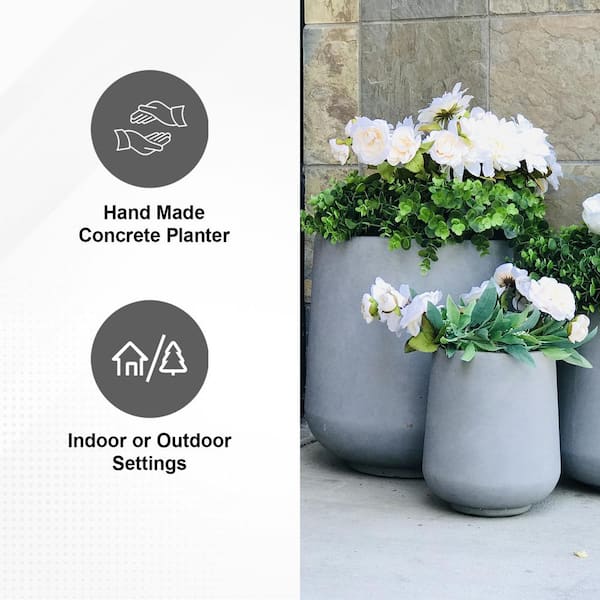 17.3 in. Tall Natural Lightweight Concrete Footed Tulip Outdoor Round Planter (Set of 3)