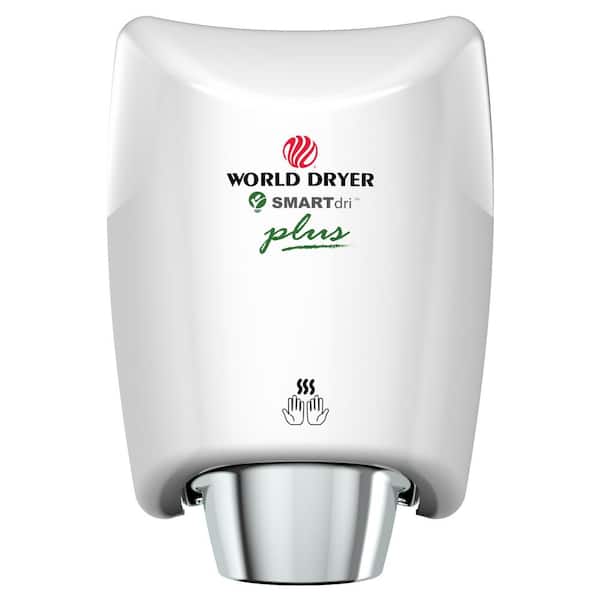 WORLD DRYER SMARTdri Plus Electric Hand Dryer, High Efficiency, Antimicrobial Technology, 110-120 volt, Aluminum White Cover