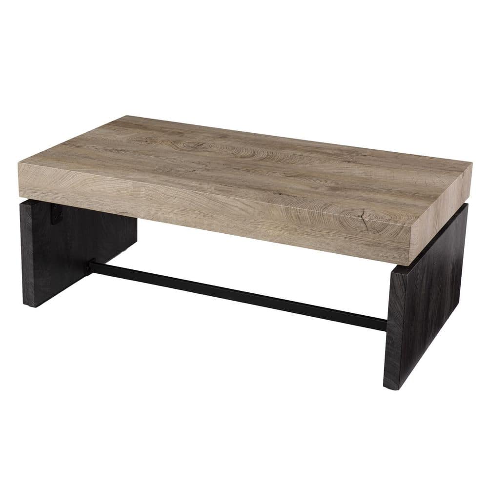 Natural and Black Rectangular Wood and Metal Cocktail Table