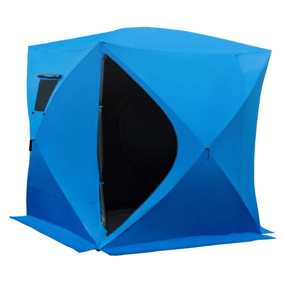 Outsunny 4 Person Ice Fishing Shelter, Waterproof Oxford Fabric Portable Pop-Up Ice Tent with 2 Doors for Outdoor Fishing - Blue