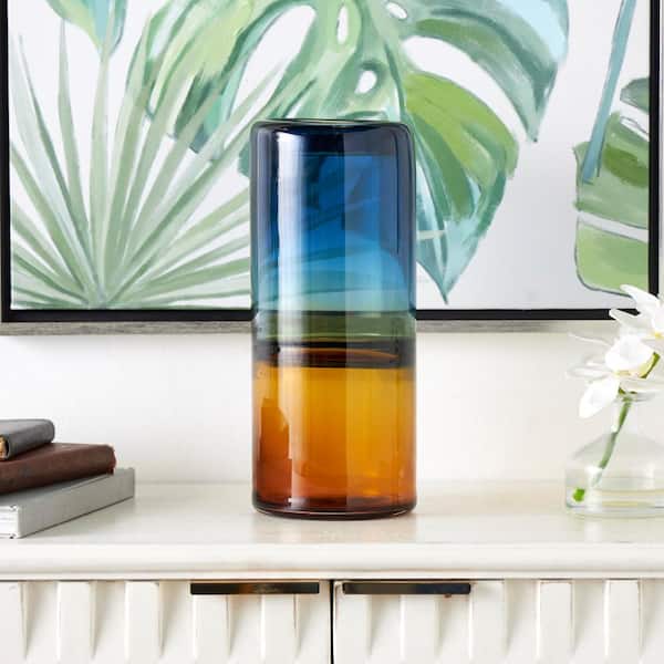 Litton Lane 11 in. Blue Handmade Ombre Glass Decorative Vase with Yellow Base