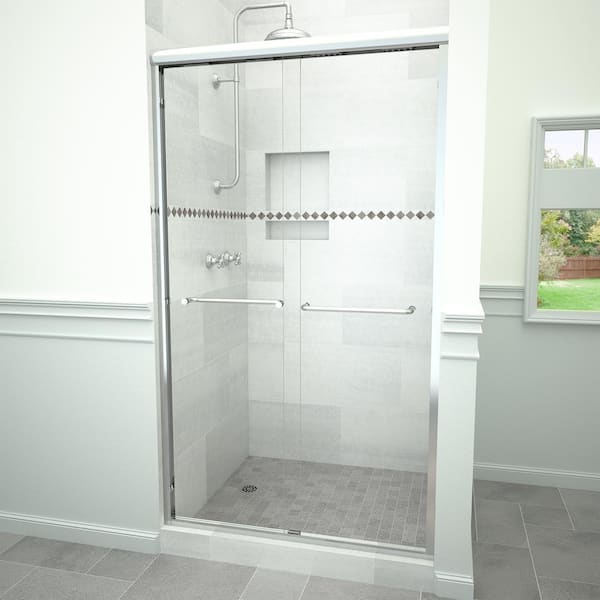 Tile Redi 6000 Series 48 in. W x 72 in. H Sliding Semi-Frameless Shower Doors in Polished Chrome with Towel Bar and Clear Glass