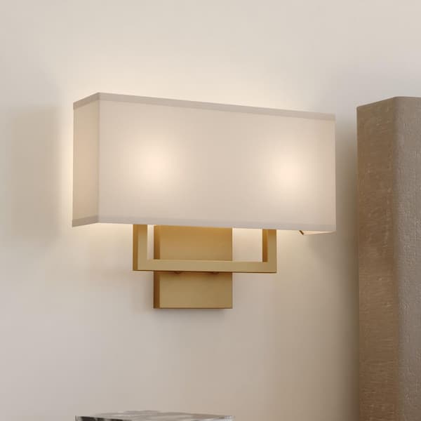 Glenview 2-Light Satin Brass Gold Wall Sconce, White Linen Fabric Shade, ADA Bathroom Vanity Lighting Fixture