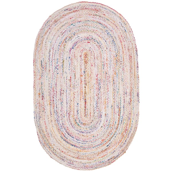 Braided Ivory/Multi 7 ft. x 9 ft. Oval Border Area Rug