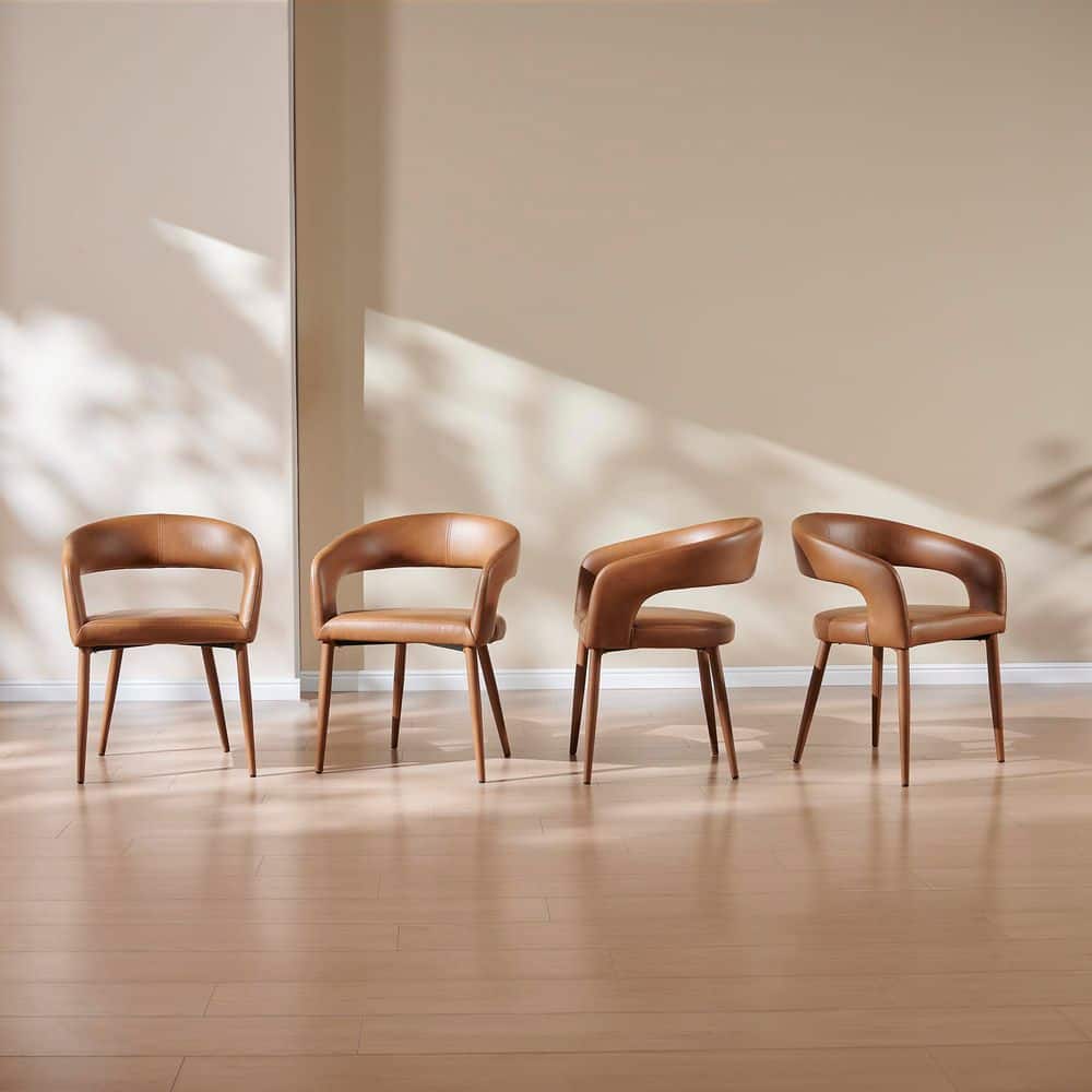 Vintage Caramel Brown Faux Leather Dining Chair with Curved Backrest and Upholstered Seat for Kitchen Set of 4