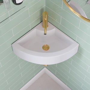 18 in. x 13 in. White Triangle Ceramic Wall Mount Sink Modern Above Counter Bathroom Small Corner Sink with Overflow