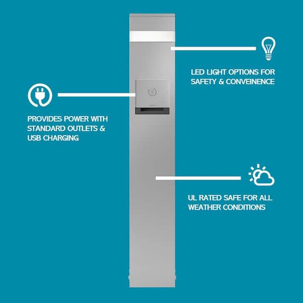 Wiremold 48 in. 2-Gang Silver GFCI Receptacle and 4-Port USB Outlet, Outdoor Charging Station with Area Light