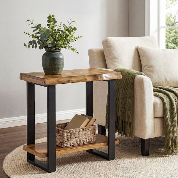 Kerlin 25.6 in. Natural Brown and Black Rectangle Solid Wood End Table, 2-Tier Industrial Side Table Nightstand
