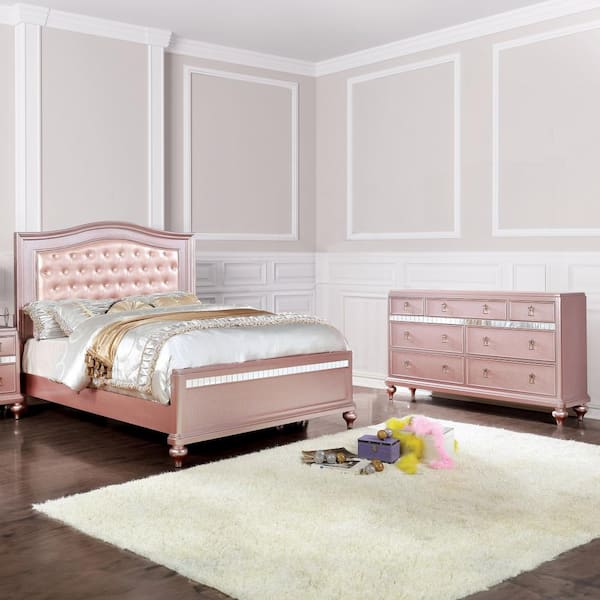 Stelna 2-Piece Rose Gold Wood Queen Bedroom Set, Bed and Dresser
