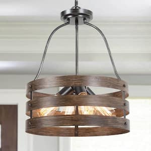 Farmhouse Drum Chandelier, 4-Light Gray Brown Modern Rustic Round Cage Pendant Chandelier with Faux Wood Accents
