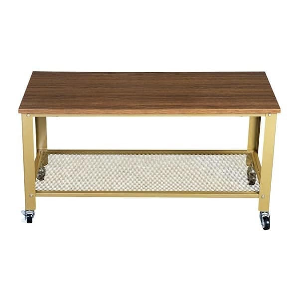 FORCLOVER 35.43 in. Gold Rectangle PB Coffee Table with 4-Wheels