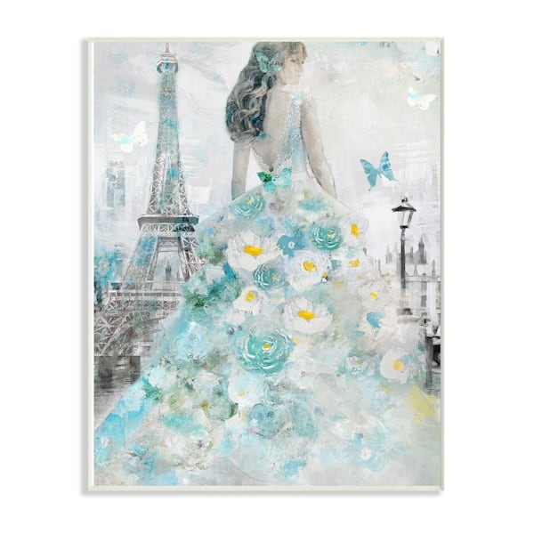 Stupell Industries 12.5 in. x 18.5 in. "Parisian Woman with Butterfly and Blue Floral Dress" by Artist Main Line Art & Design Wood Wall Art