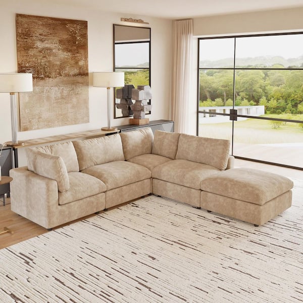 100 in. Square Arm 5-Piece Chenille L-Shaped Sectional Sofa Rearrangeable Solid Wood Cloud Couch in. Khaki with Ottoman