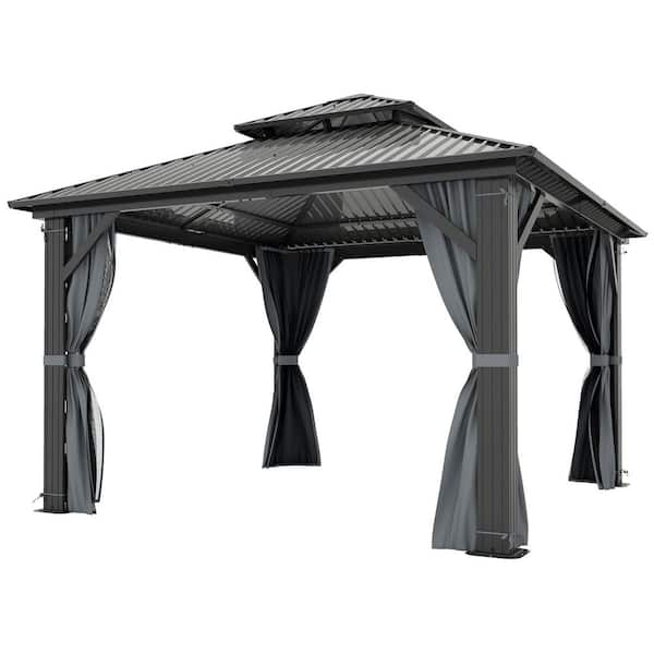 10 ft. x 10 ft. Aluminum Hardtop Gazebo, Galvanized Steel Top with Privacy Curtain and Mosquito Nettings for Patio