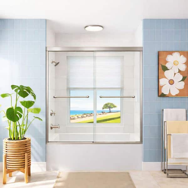 56 in. - 60 in. W x 60 in. H Double Sliding Semi-Frameless Tub Door in Brushed Nickel with Coated Clean Glass