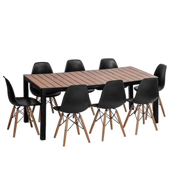 MQ Madeira 9-Piece Black and Teak Brown Indoor and Outdoor 8-Seat Rectangular Table and 8-Chair Set