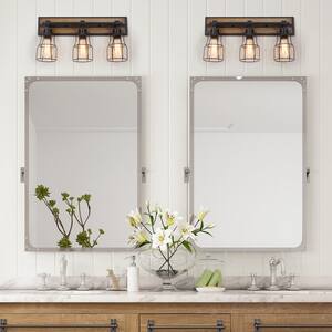 Black Vanity Light 3-Light Farmhouse Vanity Light Industrial Wall Sconce Bathroom Wall Light with Faux Wood Accents