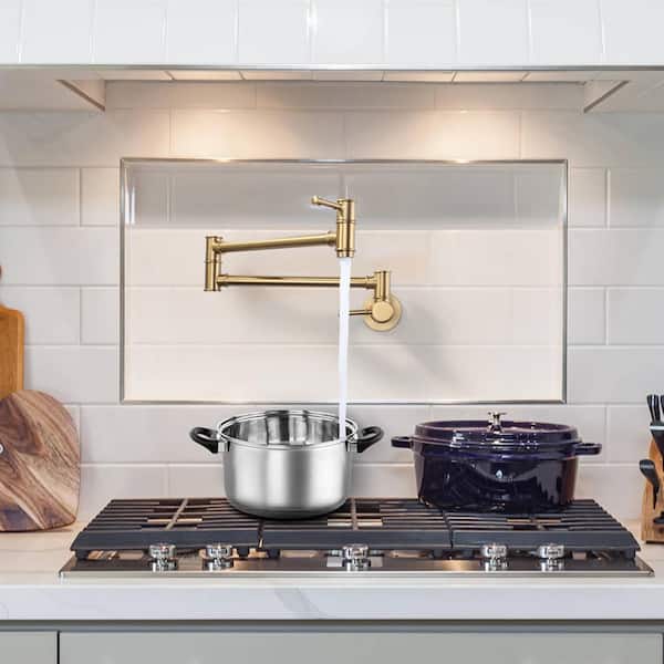 23.5 in. Wall Mounted Folding Pot Filler with Double Joint Swing Arm in Gold