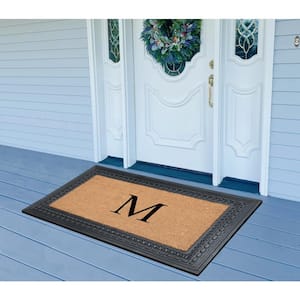 A1HC Square Geometric Black/Beige 24 in. x 39 in. Rubber and Coir Heavy Duty Easy to Clean Monogrammed M Door Mat
