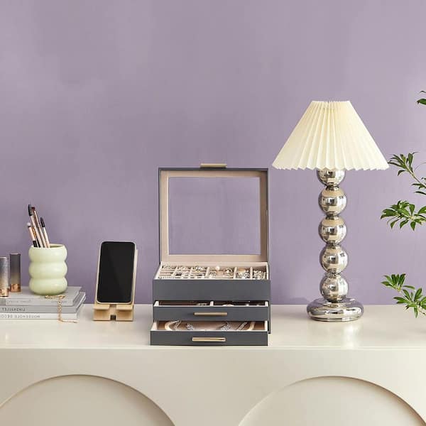 Gray 9 in. x 5.3 in. Polyurethane Modern Jewelry Box with 2 Drawers