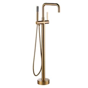 Single-Handle Freestanding Tub Faucet Floor Mount Bathtub Filler with Hand Shower in Brushed Gold