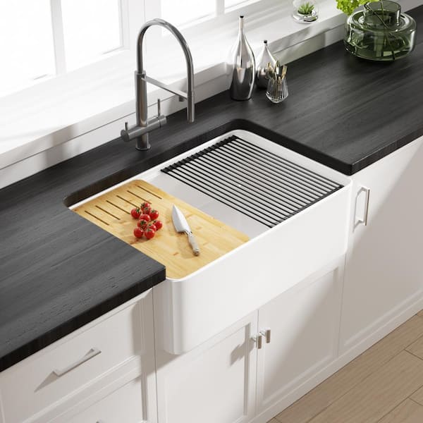 Eridanus Yorkshire Crisp White Fireclay 30 in. Single Bowl Farmhouse Apron Workstation Kitchen Sink with Accessories