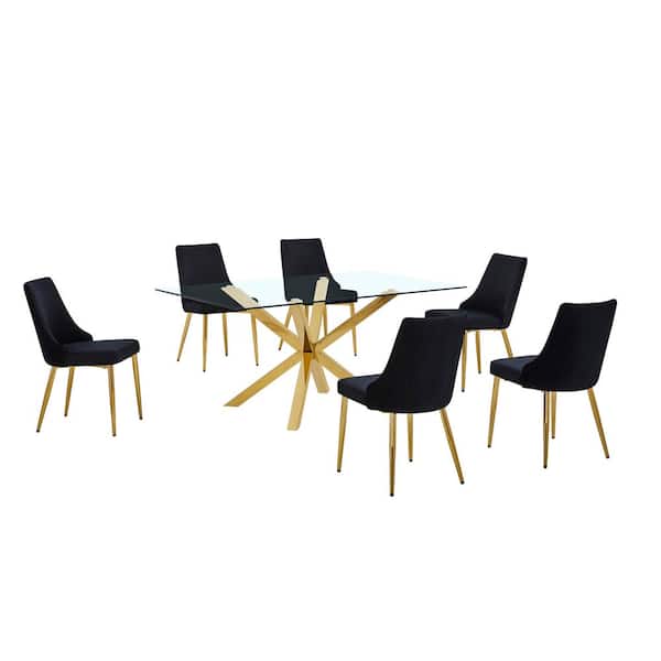 Best Quality Furniture Tom 7-Piece Clear Glass Top Cross Leg Base Dining Set with 6-Black Gold Chrome Chairs