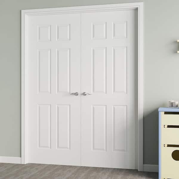 60 in. x 80 in. Universal-Handed 6-Panel Painted Solid Core Wood Assembly Required Double French Door with Jamb