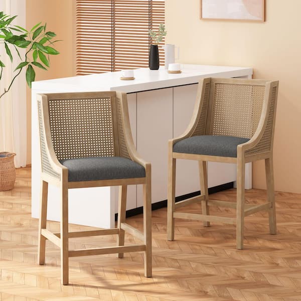 39 in. H Charcoal Fabric Upholstered Counter Stools (Set of 2) with Natural Cane and Rubber Wood Frame