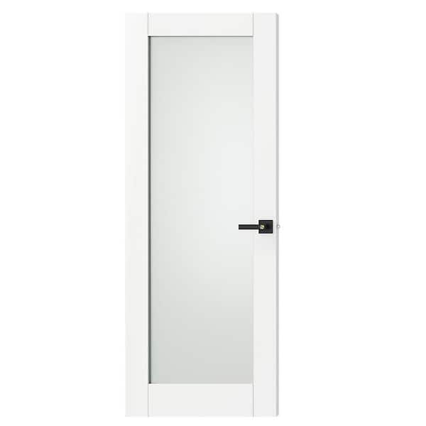 32 in. x 80 in. Solid Core, MDF Full Lite, Frosted Glass, Primed, White Interior Door Slab With Black Lever Handle
