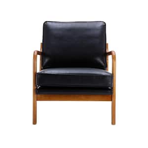 Mid Century Modern Black Faux Leather Cushioned Upholstered Accent Armchair with Solid Wood Frame