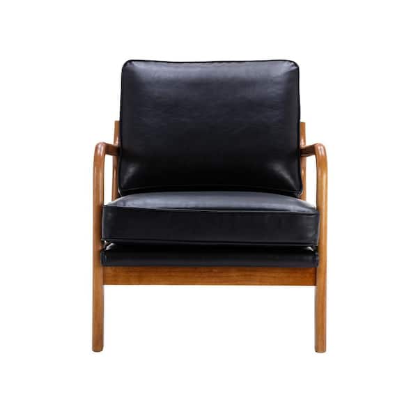HOMEFUN Mid Century Modern Black Faux Leather Cushioned Upholstered Accent Armchair with Solid Wood Frame