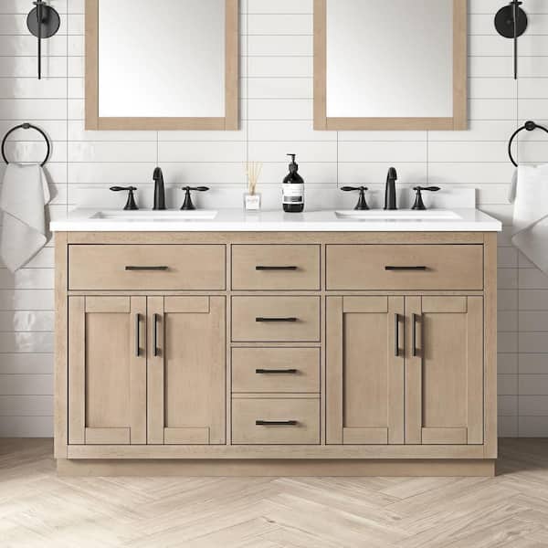 OVE Decors Bailey 60 in. Double Sink Sahara Birch Bath Vanity with White Quartz Top and Integrated Power Outlet (Assembled)
