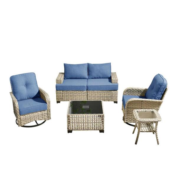 Torino Gray 6-Piece Modern Wicker Patio Conversation Deep Seating Set with Swivel Rocking Chairs and Denim Blue Cushions