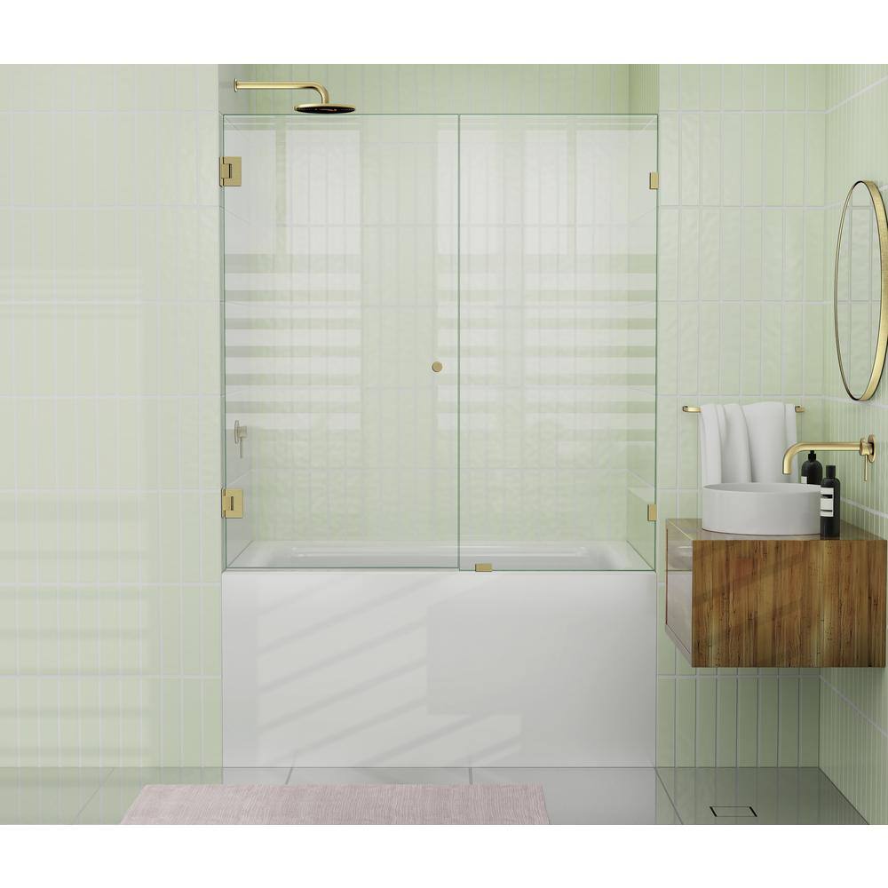 Satin Brass Frameless Glass Bathtub Shower Door 58.25" x 54"