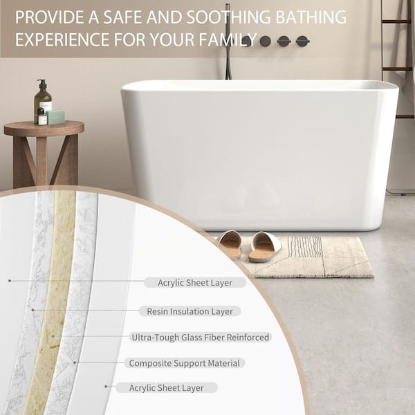 Muse 49 in. White Acrylic Rectangle Flatbottom Freestanding Non-Whirlpool Soaking Bathtub Include Interior Seat