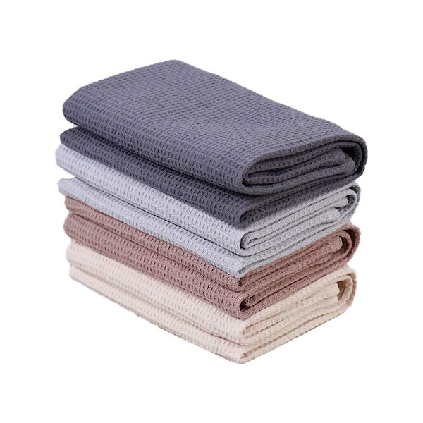 Dark Grey, Grey, Brown and Beige Waffle Weave Cotton Kitchen Towels, Set of 4, 17 in. x 25 in. for Drying
