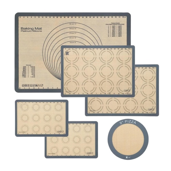 6-Pack Silicone Baking Mat, Food Grade, Non-Stick, Reusable, Pizza Bakeware Mat, Macaroon, Pizza, Cookie, Pastry, Gray
