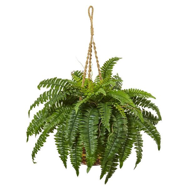Natural Realistic Looking BOSTON FERN Hanging Silk Basket Artificial Faux Plants 