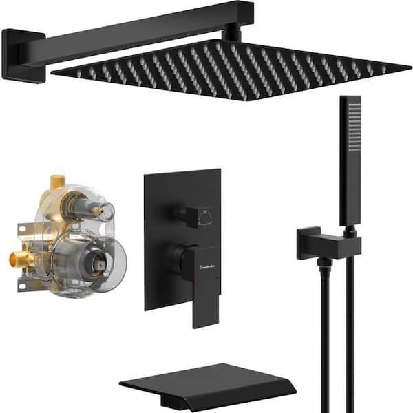 GELE Rain Single Handle 1-Spray Shower Faucet System 2.5 GPM with Pressure Balance in. Matte Black Waterfall Tub